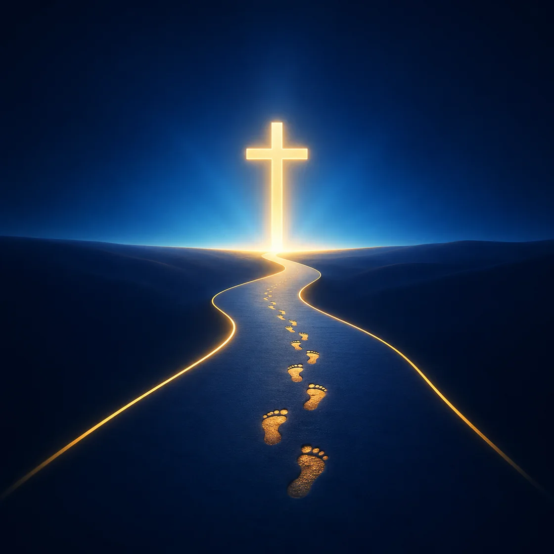 Golden footsteps on a softly lit path toward a cross